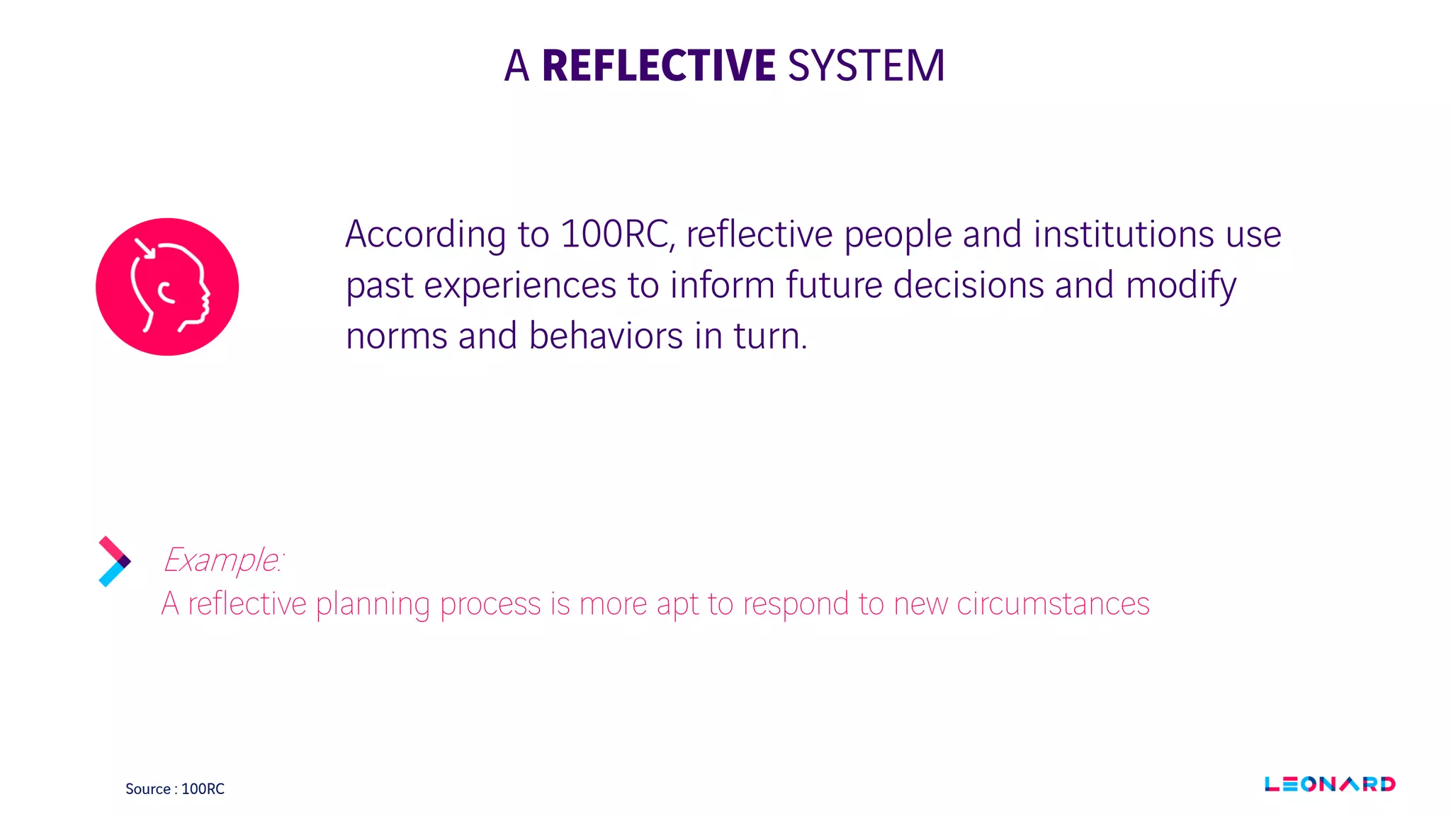 A REFLECTIVE SYSTEM
According to 100RC, reflective people and institutions use
past experiences to inform future decisions and modify
norms and behaviors in turn.
Example:
A reflective planning process is more apt to respond to new circumstances
Source : 100RC
 