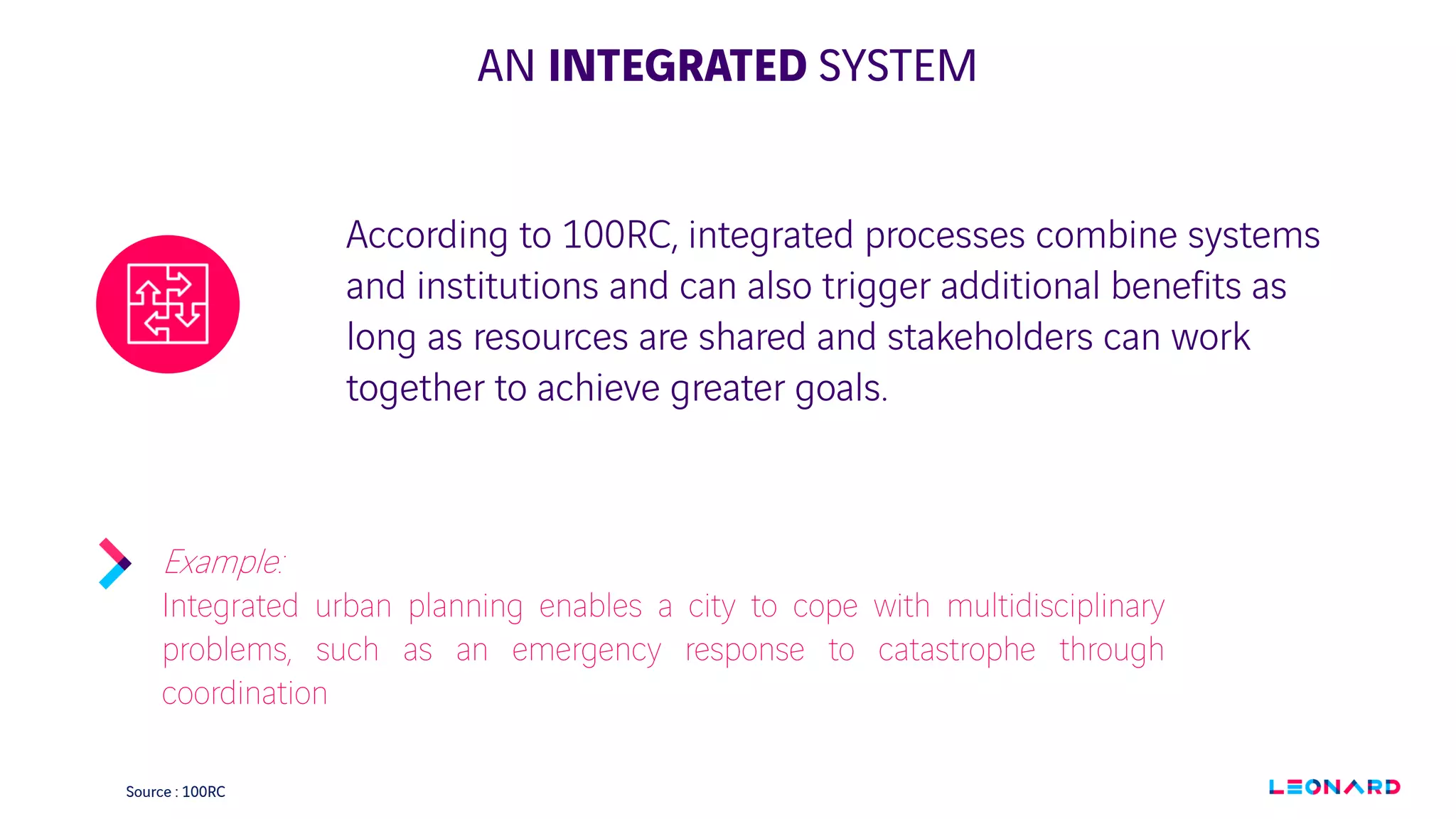 AN INTEGRATED SYSTEM
According to 100RC, integrated processes combine systems
and institutions and can also trigger additional benefits as
long as resources are shared and stakeholders can work
together to achieve greater goals.
Example:
Integrated urban planning enables a city to cope with multidisciplinary
problems, such as an emergency response to catastrophe through
coordination
Source : 100RC
 