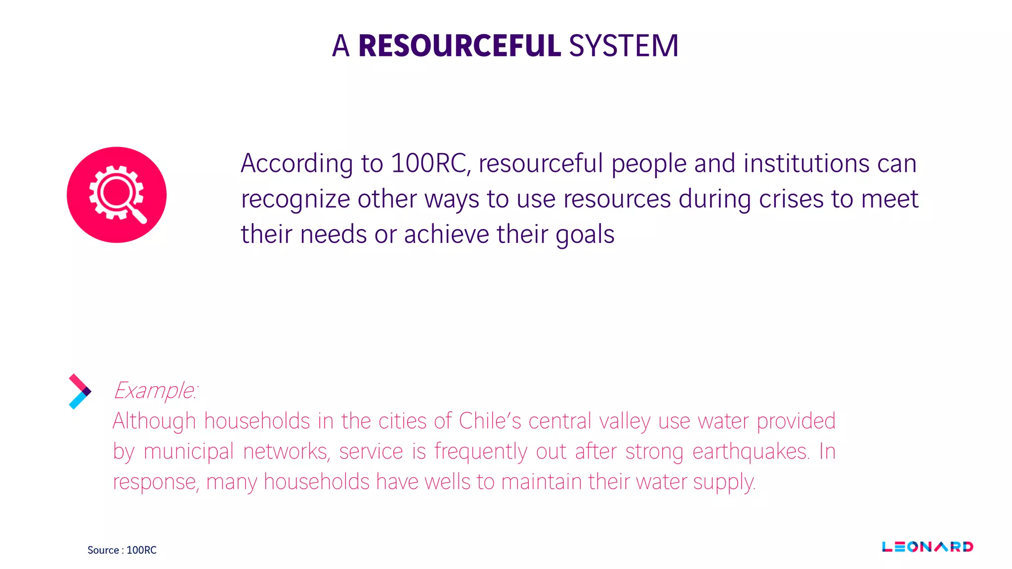 A RESOURCEFUL SYSTEM
According to 100RC, resourceful people and institutions can
recognize other ways to use resources during crises to meet
their needs or achieve their goals
Example:
Although households in the cities of Chile’s central valley use water provided
by municipal networks, service is frequently out after strong earthquakes. In
response, many households have wells to maintain their water supply.
Source : 100RC
 
