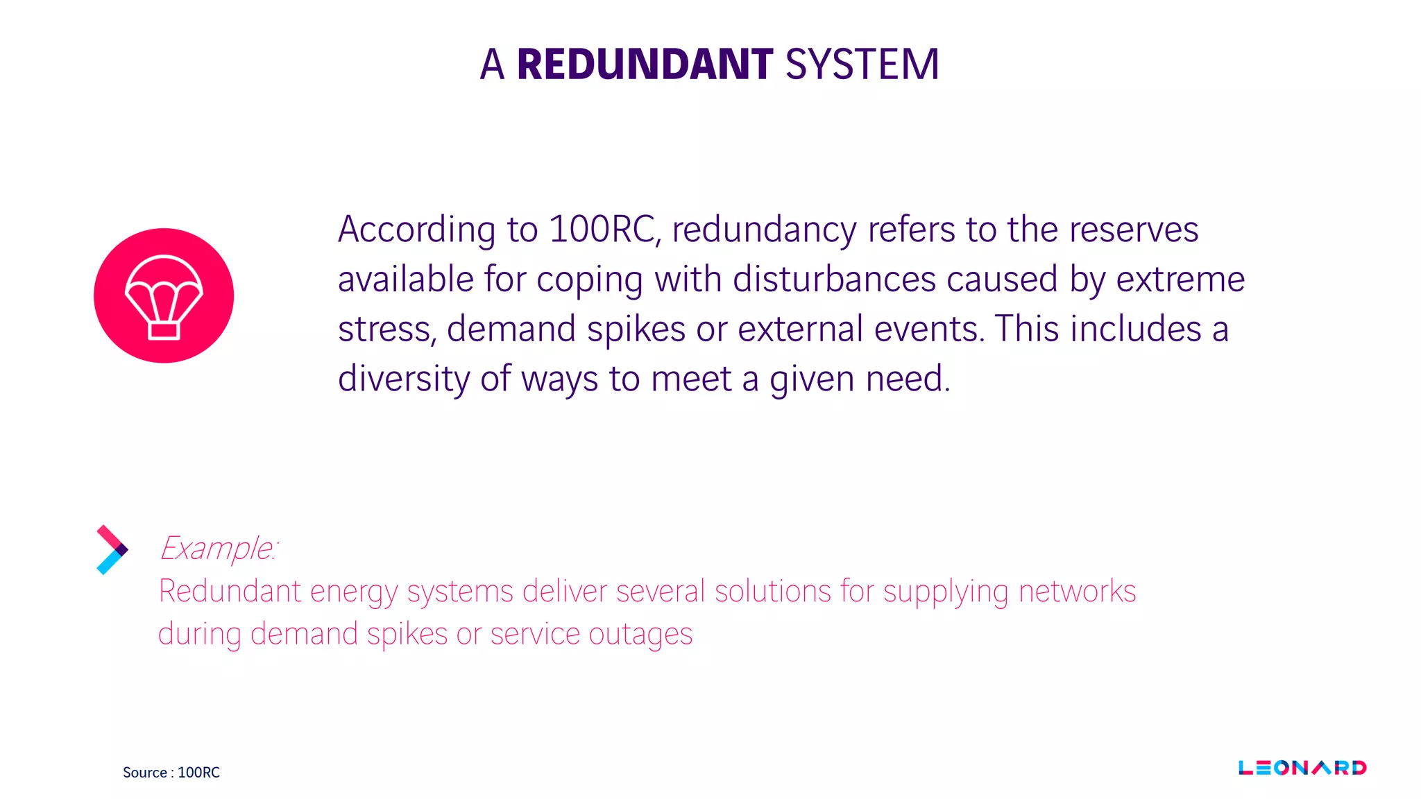A REDUNDANT SYSTEM
According to 100RC, redundancy refers to the reserves
available for coping with disturbances caused by extreme
stress, demand spikes or external events. This includes a
diversity of ways to meet a given need.
Example:
Redundant energy systems deliver several solutions for supplying networks
during demand spikes or service outages
Source : 100RC
 
