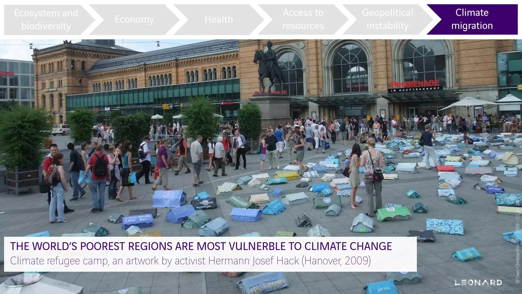 THE WORLD’S POOREST REGIONS ARE MOST VULNERBLE TO CLIMATE CHANGE
Climate refugee camp, an artwork by activist Hermann Josef Hack (Hanover, 2009)
Ecosystem and
biodiversity
Economy Health
Access to
resources
Geopolitical
instability
Climate
migration
©Sven-ChristianKindler-2009–CCBY2.0
 