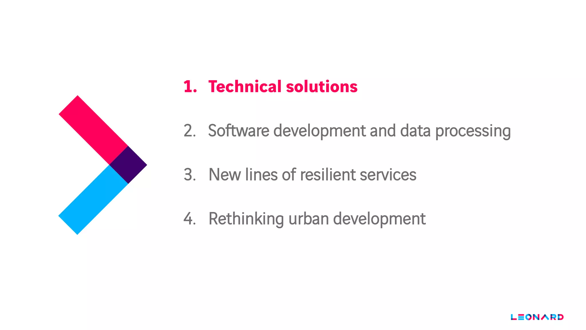 1. Technical solutions
2. Software development and data processing
3. New lines of resilient services
4. Rethinking urban development
 