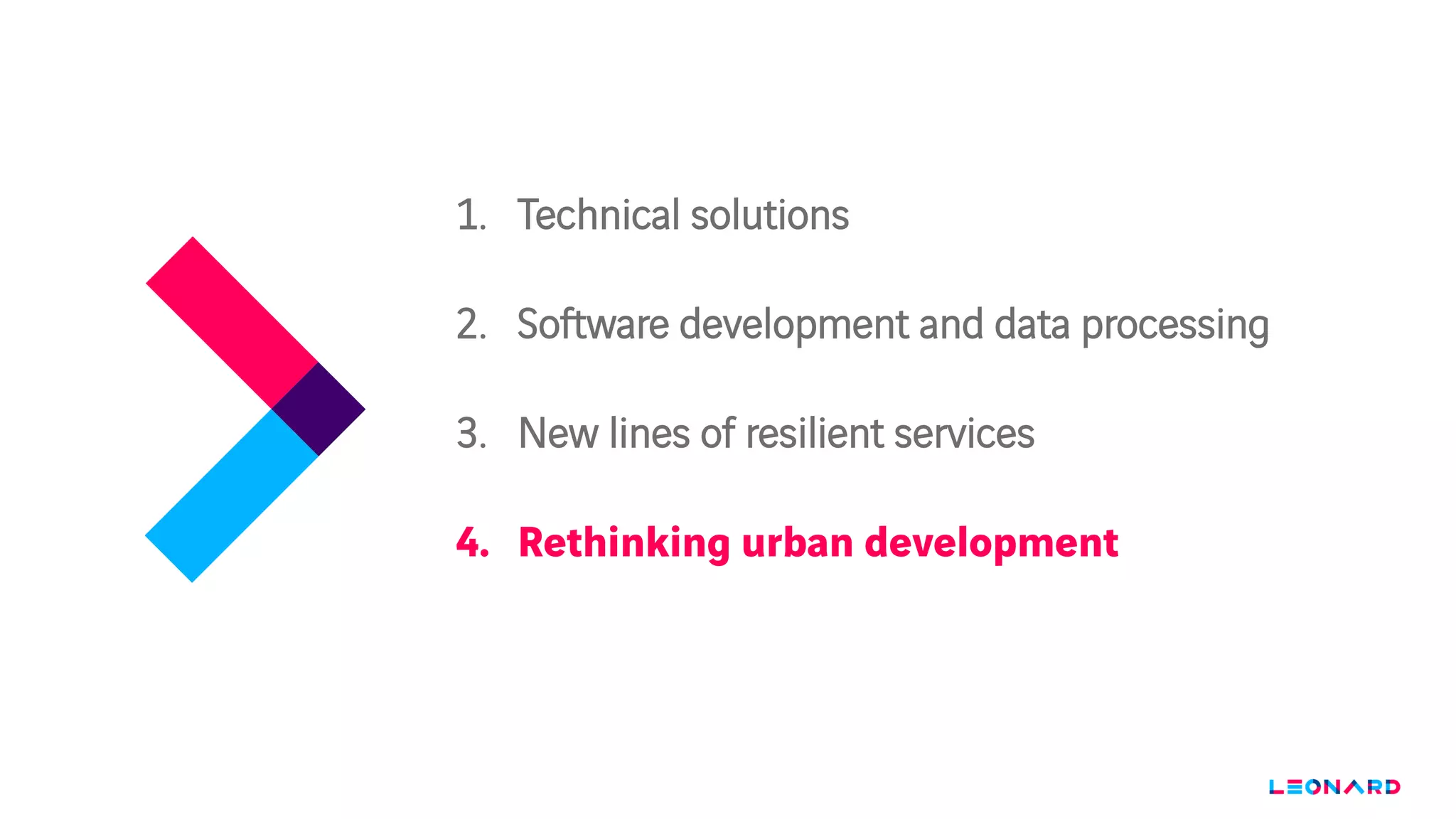 1. Technical solutions
2. Software development and data processing
3. New lines of resilient services
4. Rethinking urban development
 