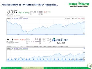 American Bamboo Innovators: Not Your Typical List…                                                                Bamboo nnovator
                                                                                                                   R.E.S.-ilience in Value Creation


          S&P 500 index




                                                                                                  Ticker: ODFL




                                                                                                                                                      11
(1) Buffett + Bosch + Baiyao    (2) Mental Model: Bamboo Innovator
                               (2) Mental Model: Bamboo Innovator    (3) Boobytraps in the Asian Capital Jungle   (4) An Asian Stock Discussion
 
