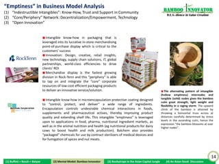 “Emptiness” in Business Model Analysis
(1) “Indestructible Intangibles”: Know-How, Trust and Support in Community
                                                                                                                                  Bamboo nnovator
                                                                                                                                    R.E.S.-ilience in Value Creation
(2) “Core/Periphery” Network: Decentralization/Empowerment, Technology
(3) “Open Innovation”

                                  Low barriers to entry to open an auto parts and repair services shop. As the number of
                               shops increase, so too do the inventory, type of products, management issues etc. To run
                               a chain of thousands of shops takes a decentralized core/periphery system. Leveraging
                               upon the technology and 23 distribution centers (DC) system at the “core”, the 4000
                               “periphery” stores keep few inventory and tie up less working capital with greater agility
                               to respond to and focus on servicing customers’ needs such as fast availability of hard-to-
                               find parts which can be delivered fast from the “core” to capitalize on “long-tail”
                               demand, managing 120,000 SKUs per DC (twice the industry average) and yet increasing              “Emptiness” in business model is perhaps
                               far higher inventory turn while fulfilling customer requests all the time. A primary factor    the most misunderstood and underrated
                               for DIY and DIFM commercial customers is parts availability. Each store inventory is           virtue in resilient growth and value
                               modeled to match the specific market demographic.                                              creation. Bamboos are among the fastest-
                                                                                                                              growing plants in the world. The vitality of
                                 Traditional paint manufacturers used to package all the possible different colors in         its growth revolves around its “emptiness”.
                               paint cans and ship them to the retail store. This made it very difficult to forecast the         Instead of sanely constructing itself inch
                               variety of colors and also created stockpiles of inventory. Sherwin Williams underwent a       by solid inch like trees, soberly climbing
                               decentralization process in empowering decision-making at the store level for its 4000         into the contested forest air, bamboo
                               over stores. Only primary colors are shipped and colors are mixed on-site at the retail        sprints sunward to complete stature in
                               store based on customer demand. Controlled distribution to have direct relationship with       about two months. After this initial vertical
                               the customer/end user enables pricing responsiveness and accounts for 70% of                   burst, bamboo unfolds branches and
                               consolidated sales.                                                                            uncoils leaves to capture the sunlight it
                                                                                                                              leapt up to get. The nutrients and
                                  Old Dominion, founded by the Congdon family in 1934, operates in the tough LTL (less-
                                                                                                                              moisture that would have been exhausted
                               than-load) niche with a hub-and-spoke system with 219 shipping centers to do both long-
                                                                                                                              making and maintaining this empty center
                               haul loads and short distances and serve over 48,000 direct points in US and Canada.
                                                                                                                              can be utilized for growth of other culms.
                               Most long-haul truckers pick up and deliver and don't need to own warehouses. Whether
                                                                                                                                 As a survival tactic among many plant
                               cans of tomatoes or cases of machine parts, shipments get the white-glove treatment at
                                                                                                                              species reaching up to compete for
                               Old Dominion. Old Dominion keeps its focus on employees, paying them well, showing
                                                                                                                              available light, the growth pattern of
                               flexibility when they have personal needs and using consistent management - so every
                                                                                                                              bamboo is shrewdly designed. From a
                               worker knows how to do his job. Workers load trucks and also can drive them and
                                                                                                                              builder’s viewpoint, the architecture of the
                               supervise other loaders. It's part of the training the company emphasizes to keep
                                                                                                                              bamboo culm presents a powerful
                               workers engaged and productive. Old Dominion gives workers the tools and the time to
                                                                                                                              configuration: fibers of greatest strength
                               fit boxes precisely, cushioning them with inflated brown paper pillows. As forklifts pull up
                                                                                                                              occur in increasing concentration toward
                               with pallets, operators tap their touch screens to enter each step into a mainframe
                                                                                                                              the periphery of the plant.
                               computer. Over time, that information, entered by every person touching a shipment,
                               builds a database that top managers can use to shape Old Dominion's entire system.
                                                                                                                                                                         14
(1) Buffett + Bosch + Baiyao             (2) Mental Model: Bamboo Innovator
                                        (2) Mental Model: Bamboo Innovator           (3) Boobytraps in the Asian Capital Jungle    (4) An Asian Stock Discussion
 