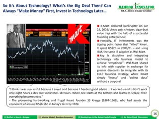 Bamboo nnovator
                                                                                                                  R.E.S.-ilience in Value Creation
                                                                             Rootedness in Kindness Culture:
                                                                             An Asian or Singapore culture will definitely be
                                                                             “unkind” to this image (if it ever exists) in a
                                                                             “professional” presentation by a listed company! The
                                                                             typical culture showcases “title-based, pedigree and
                                                                             positional leadership” and “teamwork” is defined as
                                                                             having a few rainmaker/dealmakers at the top who
                                                                             bring in the dough and the rest to carry out
                                                                             instructions efficiently…




                                                                                                                                                     16
(1) Buffett + Bosch + Baiyao   (2) Mental Model: Bamboo Innovator   (3) Boobytraps in the Asian Capital Jungle   (4) An Asian Stock Discussion
 