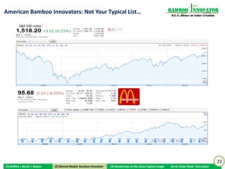 Bamboo Innovators Are Easily Overlooked… Having a                                                                    Bamboo nnovator
R.E.S.-ilient Mental Model Helps!                                                                                     R.E.S.-ilience in Value Creation




    One of the Greatest Enigmas in Value Investing: Why Didn’t Buffett
    Make McDonald’s a “Forever” Stock Like Coke?

    “It is a tougher business over time. People don’t want to be eating
    – exception to the kids when they are giving away Beanie Babies or
    something – at McDonald’s every day. If people drink five Cokes a
    day, they probably will drink five of them tomorrow.”

    “I like the products that stand alone absent price promotions or
    appeals although you can build a very good business based on that.”
    - Buffett’s reply in Oct 98 when asked whether he would buy
    McDonald’s and go away for 20 years.
   Berkshire Hathaway did purchase McDonald’s in 1995/6 when it was
   probably around US$17 to 20 billion, but Buffett sold in 1997/8 at
   around US$26 to 30 billion. Although McDonald’s grew to US$50
   billion around a year later, it started its precipitous trend to fall to
   US$13 billion by February 2002 as it posts its first ever quarterly loss.




          $96B                       $18B                                                      32,000                            75%
                                                                                                                             Independent
         Mkt Cap                 McProperty                                                   Restaurants                   Entrepreneurs



                                                                                                                                                         22
(1) Buffett + Bosch + Baiyao      (2) Mental Model: Bamboo Innovator
                                 (2) Mental Model: Bamboo Innovator     (3) Boobytraps in the Asian Capital Jungle   (4) An Asian Stock Discussion
 