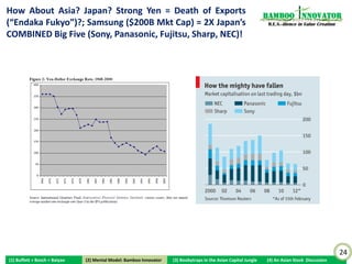 “Emptiness” in Trust and Support from Community of                                                                Bamboo nnovator
Customers/Suppliers/Partners…                                                                                      R.E.S.-ilience in Value Creation




                                                                                      “I know we have the only clean,
   “This is going to be probably one of the most                                             honest franchise.”
   competitive businesses in the U.S. and we have
   the only real solid approach to this business.
   The other ones are going to die like flies. They
   are rackets. They are fast-buck deals. Those
   fellows [the franchisees] are going to do any
   doggone thing they want to do, and the
   owners of the name are just going to let them
   do anything they want as long as they are                             McDonald’s “Rootedness” = No Kickbacks + No Up-
   getting money out of it. It will be a survival of                  front Fees + No Side Income + Sacrifice Quick Franchising
   the fittest, and we are going to be on the top                     Profits = Truly care about subsequent performance of
                                                                      partners.
   of the list of the fittest”.
                                                                         McDonald’s “emptiness” and a culture/system that
   “I want nothing from you but a good product.                       cultivates and acts upon ideas from the “periphery”: Big
   Don’t wine me, don’t dine me, don’t buy me                         Mac, Apple Pie, Fillet-O-Fish, Egg McMuffin, Chicken
                                                                      McNuggets, Happy Meal, “You Deserve a Break.” etc
   any Christmas presents. If there are any cost
                                                                         Flops (eg fried chicken, pasta, fajita, pizza, McLean
   breaks, pass them on to the operators of                           Deluxe, Arch Deluxe) were introduced from the central
   McDonald’s stores.”.                                               HQ… same for “My McDonald’s” campaign.


   Ray Kroc was 59 years old when he bought McDonald’s in 1961 for US$2.7m (Very pricey valuations then!).
                                                                                                                                                      24
(1) Buffett + Bosch + Baiyao    (2) Mental Model: Bamboo Innovator
                               (2) Mental Model: Bamboo Innovator    (3) Boobytraps in the Asian Capital Jungle   (4) An Asian Stock Discussion
 