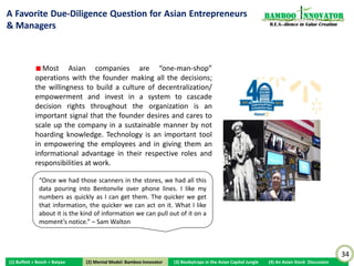 Kewpie ($2B), Heinz of Japan, “Mayonnaise King”:                                                                         Bamboo nnovator
Leveraging “Emptiness” in Deep Intangible Know-How                                                                        R.E.S.-ilience in Value Creation

About Eggs to Scale from Mayonnaise to Fine Chemicals
Used in Medical Treatment


                                 Kewpie leveraged upon its deep intangible knowledge about eggs, the main ingredient
                               of mayonnaise, from handling over 10% (250,000 tonnes) of eggs in Japan over two
                               decades, to pursue the full use of eggs to expand into new product categories and new
                               customer segments without breaking the stress levels of the business model.
                                 Through fusing the proprietary technologies, products, information and marketing
                               channels of the group akin to the alternating pattern of bamboo internodes and nodes,
                               the resilient growth at Kewpie came from creating related table-top dressing and kitchen-
                               use products in salad condiments, salads and cut vegetables, ready-made delicatessen,
                               and cultivating latent demands such as nursing care food products for the elderly and
                               baby food.
                                 In its fine chemical products business, Kewpie develops medicine stabilization
                               technology using egg-yolk lecithin capsules and extracts hyaluronic acid from eggs that is
                               used in cosmetics and in the medical treatment to strengthen functions in joints, such as
                               knee osteoarthritis, and dry eye.




                                                                                                                                                             34
(1) Buffett + Bosch + Baiyao           (2) Mental Model: Bamboo Innovator
                                      (2) Mental Model: Bamboo Innovator    (3) Boobytraps in the Asian Capital Jungle   (4) An Asian Stock Discussion
 