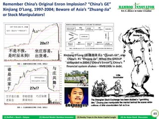 Kingdee: ERP Software King in China for SMEs; Disrupted                                                           Bamboo nnovator
by SAP BusinessOne in 2011…                                                                                        R.E.S.-ilience in Value Creation




                                                                                   “Who cares about
                                                                                    Lehman crisis?”                                ?


 US$12M                                                                                                US$1.6B                    US$430M




                                                                                                                                                      49
(1) Buffett + Bosch + Baiyao   (2) Mental Model: Bamboo Innovator    (3) Boobytraps
                                                                    (3) Booby Traps in the Asian Capital Jungle   (4) An Asian Stock Discussion
 