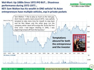 Li Ning: Nike of China; Disrupted by Nike in 2011…                                                                    Bamboo nnovator
                                                                                                                       R.E.S.-ilience in Value Creation




                                                       HKD 23.70


                                                                        Nike: Inspiring 2011 campaign in China “Use
                                                                        Sports” (用运动) which aims to show how sports
                                                                        can help people achieve something greater:
                                                                        www.youtube.com/watch?v=2DPNJTcHcmk


                                                                          $650M
                                                                             Mkt Cap




                   Inventory pile-up and rampant discount characterized the state of affairs at Chinese sports retailers as Nike,
                which has been active in the Chinese market for 30 years, ventures beyond the Tier-1 and 2 coastal cities into
                the domestic brands’ strongholds in inner China. Sales in China at Nike surpassed US$2bn as at May 2011,
                doubled from 2007. Nike aims to “just double it” in the next four years as Chinese consumers increasingly lose
                the taste for domestic brands and quality counterfeits while Nike continues its well-crafted marketing campaigns
                in introducing more lower-priced products and cultivating its brand cachet at the top-end. Shares of the once-
                multibagger domestic brands were down by 50 to 80% from their 2010 peak; Nike’s shares hit an all-time high.
                                                                                                                                                          51
(1) Buffett + Bosch + Baiyao       (2) Mental Model: Bamboo Innovator    (3) Boobytraps
                                                                        (3) Booby Traps in the Asian Capital Jungle   (4) An Asian Stock Discussion
 