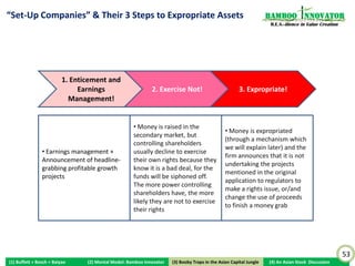 Asia is now at a critical transition point!
                                                                                                                    Bamboo nnovator
Value investors in Asia cannot look purely at quant “valuation” metrics                                              R.E.S.-ilience in Value Creation
since many biz models are “permanently impaired” or “K-Mart’ed”…
Beware of Asia’s powerful “Zhuang Jia” (stock manipulators)

              Jockey: Entrepreneur                  Once-successful “Stage 1” entrepreneurs have scaled their companies multiple-folds
                                                  to a billion dollar in market cap. But as a result of them mishandling risks, or
                                                  preventing them in the first place through business model design, the companies fail
                                                  to make the successful transition from a billion to $10bn in market value and are stuck
                                                  in “Stage 2”. The investment analysis and valuation impact of the moaty “horse”
                                                  (business model) matters more than the “jockey” (entrepreneur) in this transition,
                                                  which Asia is currently in.
                                                    At this transition point in Asia, besides the group of entrepreneurs and managers
                                                  who are still trying very hard but are pushing the same, possibly inappropriate, levers
                                                  for growth, there is another conspicuous group, particularly in the below billion-dollar
                                                  camp. These are people who find themselves stuck in “Stage 1”. They grow to either
                                                  become either disillusioned with their core business or contented with what they have
                                                  achieved. Often, these successful, achievement-oriented entrepreneurs start to “stray”
                       Horse: Business Model      as they find it easier to seek “growth” by engaging in private business interests outside
                                                  of the listed vehicles, particularly in property development.
                                                    A rising tide no longer lifts all boats like it used to. Investing in the easy pickings of
                                                  low-hanging fruits in firms with the sexy Asian growth story works great during
                                                  1998-2007 but GFC has shaken out the imposters, the disillusioned, the contented,
                                                  the distracted.
                                                    Value investors in Asia cannot look purely at quant “valuation” metrics since many
                                                  business models and moats are “permanently impaired” or “K-Mart’ed”; these K-
                                                  Mart-like stocks are likely to trade at +/- 20 to 50% return band in the next five years
                                                  and these stocks are the fertile ground for momentum traders and nefarious insiders
                                                  (“Zhuang Jia”) who have the incentive and power to manipulate prices and volumes
          Booby Traps Abound in                   and to inject “action” via announcement of projects, M&As, share placements, luring
           the Asian Race Track                   investors in and then offloading in a pump-and-dump Sisyphus cycle…


                                                                                                                                                        53
(1) Buffett + Bosch + Baiyao     (2) Mental Model: Bamboo Innovator    (3) Boobytraps
                                                                      (3) Booby Traps in the Asian Capital Jungle   (4) An Asian Stock Discussion
 