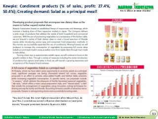 Kewpie: Condiment products (% of sales, profit: 27.4%,                                                             Bamboo nnovator
50.4%); Creating demand: Salad as a principal meal!                                                                 R.E.S.-ilience in Value Creation




         "You don't know the next-highest mountain after Mount Fuji, do
         you? No. 2 and below cannot influence distribution or lead price
         trends.“ Kewpie president Gosuke Oyama in 2000


                                                                                                                                                       93
(1) Buffett + Bosch + Baiyao     (2) Mental Model: Bamboo Innovator   (3) Boobytraps in the Asian Capital Jungle    (4) An Asian Stock Discussion
                                                                                                                   (4) An Asian Stock Discussion
 