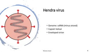Hendra virus
• Genome: ssRNA (minus strand)
• Capsid: helical
• Enveloped virion
Momina Aamir 8
 
