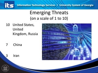 Emerging Threats
(on a scale of 1 to 10)
10 United States,
United
Kingdom, Russia
7 China
3 Iran
 