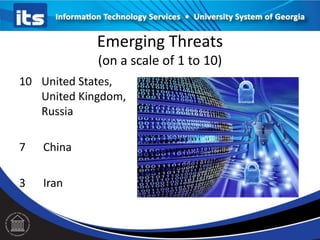 Emerging Threats
(on a scale of 1 to 10)
10 United States,
United Kingdom,
Russia
7 China
3 Iran
 