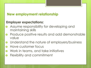 New employment relationship

Employer expectations:
 Assume responsibility for developing and
  maintaining skills
 Produce positive results and add demonstrable
  value
 Understand the nature of employers/business
 Have customer focus
 Work in teams, and take initiatives
 Flexibility and commitment
 