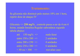 Tratamento:
Se glicemia não diminuir pelo menos 10% em 1 hora,
repetir dose de ataque IV
Glicemia => 250 mg% , controle passa a ser de 4 em 4
horas, usando Insulina Regular subcutânea segundohoras, usando Insulina Regular subcutânea segundo
tabela abaixo:
até 150 mg% => nada fazer
entre 150 e 200 => 2 unidades
entre 200 e 250 => 4 unidades
entre 250 e 300 => 6 unidades
< 40 ou > 300 => reavaliar caso
 