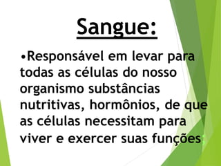 Sangue:
•Responsável em levar para
todas as células do nosso
organismo substâncias
nutritivas, hormônios, de que
as células necessitam para
viver e exercer suas funções;
 