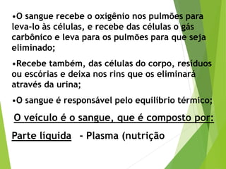 •O sangue recebe o oxigênio nos pulmões para
leva-lo às células, e recebe das células o gás
carbônico e leva para os pulmões para que seja
eliminado;
•Recebe também, das células do corpo, resíduos
ou escórias e deixa nos rins que os eliminará
através da urina;
•O sangue é responsável pelo equilíbrio térmico;
O veículo é o sangue, que é composto por:
Parte líquida - Plasma (nutrição
 
