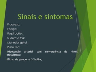 •Fraqueza;
•Fadiga;
•Palpitações;
•Sudorese fria;
•Mal-estar geral;
•Pulso fino;
•Hipotensão arterial com convergência de níveis
pressóricos;
•Ritmo de galope na 3ª bulha;
Sinais e sintomas
 
