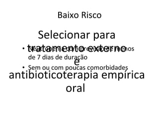 Baixo Risco Neutropenia com previsão de menos de 7 dias de duração Sem ou com poucas comorbidades Selecionar para tratamento externo e antibioticoterapia empírica oral  