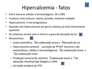 Hipercalcemia - fatos Entre tumores sólidos e hematológicos: 20 a 30% Tumores mais comuns: mama, pulmão, mieloma múltiplo Hipercalcemia  é mal prognóstico Quando com hipercalcemia em geral a doença já está clinicamente aparente Os sintomas variam com o ritmo e o grau da elevação do Ca Mecanismos: Lesão osteolítica:   da reabsorção óssea e   liberação de Ca Hipercalcemia tumoral -  secreção de PTHrP  (tumores não metastáticos, sólidos e hematológicos):   da reabsorção óssea  e   da reabsorção renal Produção tumoral de calcitriol:   reabsorção óssea e    da absorção intestinal (pp Hodgkin e LNH) Secreção ectópica de PTH 