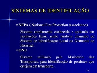 18
SISTEMAS DE IDENTIFICAÇÃO
▪ NFPA ( National Fire Protection Association)
Sistema amplamente conhecido e aplicado em
instalações fixas, sendo também chamado de
Sistema de Identificação Local ou Diamante de
Hommel.
▪ ONU
Sistema utilizado pelo Ministério dos
Transportes, para identificação de produtos que
estejam em transporte.
 