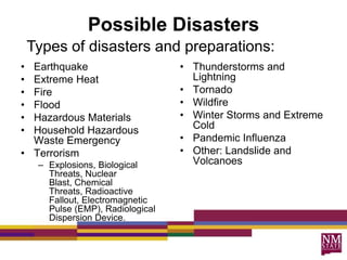 Possible Disasters
    Types of disasters and preparations:
• Earthquake                       • Thunderstorms and
• Extreme Heat                       Lightning
• Fire                             • Tornado
• Flood                            • Wildfire
• Hazardous Materials              • Winter Storms and Extreme
• Household Hazardous                Cold
  Waste Emergency                  • Pandemic Influenza
• Terrorism                        • Other: Landslide and
     – Explosions, Biological        Volcanoes
       Threats, Nuclear
       Blast, Chemical
       Threats, Radioactive
       Fallout, Electromagnetic
       Pulse (EMP), Radiological
       Dispersion Device.
 
