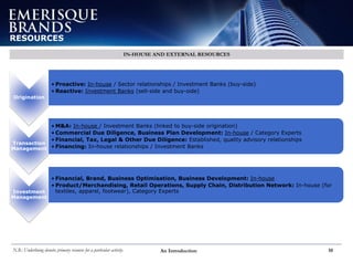An Introduction 10
RESOURCES
IN-HOUSE AND EXTERNAL RESOURCES
Origination
• Proactive: In-house / Sector relationships / Investment Banks (buy-side)
• Reactive: Investment Banks (sell-side and buy-side)
Transaction
Management
• M&A: In-house / Investment Banks (linked to buy-side origination)
• Commercial Due Diligence, Business Plan Development: In-house / Category Experts
• Financial, Tax, Legal & Other Due Diligence: Established, quality advisory relationships
• Financing: In-house relationships / Investment Banks
Investment
Management
• Financial, Brand, Business Optimisation, Business Development: In-house
• Product/Merchandising, Retail Operations, Supply Chain, Distribution Network: In-house (for
textiles, apparel, footwear), Category Experts
N.B.: Underlining denotes primary resource for a particular activity.
 