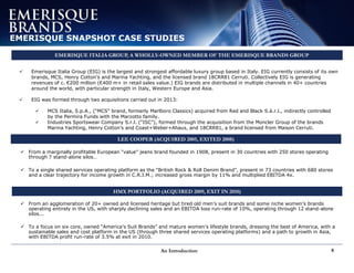 An Introduction 8
EMERISQUE SNAPSHOT CASE STUDIES
 From a marginally profitable European “value” jeans brand founded in 1908, present in 30 countries with 250 stores operating
through 7 stand-alone silos…
 To a single shared services operating platform as the “British Rock & Roll Denim Brand”, present in 73 countries with 680 stores
and a clear trajectory for income growth in C.R.I.M.; increased gross margin by 11% and multiplied EBITDA 4x.
 From an agglomeration of 20+ owned and licensed heritage but tired old men’s suit brands and some niche women’s brands
operating entirely in the US, with sharply declining sales and an EBITDA loss run-rate of 10%, operating through 12 stand-alone
silos...
 To a focus on six core, owned “America’s Suit Brands” and mature women’s lifestyle brands, dressing the best of America, with a
sustainable sales and cost platform in the US (through three shared services operating platforms) and a path to growth in Asia,
with EBITDA profit run-rate of 3.5% at exit in 2010.
HMX PORTFOLIO (ACQUIRED 2009, EXIT IN 2010)
LEE COOPER (ACQUIRED 2005, EXITED 2008)
EMERISQUE ITALIA GROUP, A WHOLLY-OWNED MEMBER OF THE EMERISQUE BRANDS GROUP
 Emerisque Italia Group (EIG) is the largest and strongest affordable luxury group based in Italy. EIG currently consists of its own
brands, MCS, Henry Cotton’s and Marina Yachting, and the licensed brand 18CRR81 Cerruti. Collectively EIG is generating
revenues of c. €200 million (€400 m+ in retail sales value.) EIG brands are distributed in multiple channels in 40+ countries
around the world, with particular strength in Italy, Western Europe and Asia.
 EIG was formed through two acquisitions carried out in 2013:
 MCS Italia, S.p.A., (“MCS” brand, formerly Marlboro Classics) acquired from Red and Black S.à.r.l., indirectly controlled
by the Permira Funds with the Marzotto family.
 Industries Sportswear Company S.r.l. (“ISC”), formed through the acquisition from the Moncler Group of the brands
Marina Yachting, Henry Cotton’s and Coast+Weber+Ahaus, and 18CRR81, a brand licensed from Maison Cerruti.
 