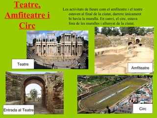 Teatre,            Les activitats de lleure com el amfiteatre i el teatre
Amfiteatre i           estaven al final de la ciutat, darrere únicament
                       hi havia la muralla. En canvi, el circ, estava

  Circ                 fora de les muralles i allunyat de la ciutat.




       Teatre
                                                                  Amfiteatre




Entrada al Teatre                                                      Circ
 