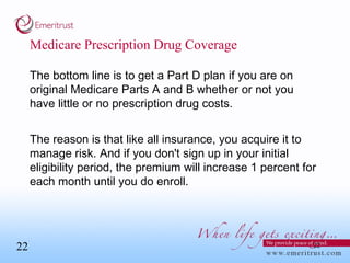 Medicare Prescription Drug Coverage The bottom line is to get a Part D plan if you are on original Medicare Parts A and B whether or not you have little or no prescription drug costs. The reason is that like all insurance, you acquire it to manage risk. And if you don't sign up in your initial eligibility period, the premium will increase 1 percent for each month until you do enroll. 