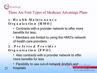 There Are Four Types of Medicare Advantage Plans 1. Health Maintenance Organization (HMO) Contracts with a provider network to offer more benefits for less.  Members are limited to using the HMO's network of health care providers 2. Preferred Provider Organization (PPO) Also contracts with a provider network to offer more benefits for less Flexibility to use out-of-network doctors and hospitals 
