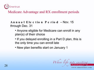 Medicare Advantage and RX enrollment periods Annual Election Period  – Nov. 15 through Dec. 31 Anyone eligible for Medicare can enroll in any plan(s) of their choice If you delayed enrolling in a Part D plan, this is the only time you can enroll late New plan benefits start on January 1 