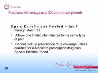 Medicare Advantage and RX enrollment periods Open Enrollment Period  –  Jan. 1 through March 31 Allows one limited plan change to the same type of plan Cannot pick up prescription drug coverage unless qualified for a Medicare prescription drug plan Special Election Period 
