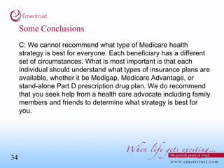 Some Conclusions C: We cannot recommend what type of Medicare health strategy is best for everyone. Each beneficiary has a different set of circumstances. What is most important is that each individual should understand what types of insurance plans are available, whether it be Medigap, Medicare Advantage, or stand-alone Part D prescription drug plan. We do recommend that you seek help from a health care advocate including family members and friends to determine what strategy is best for you.  