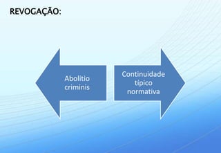 REVOGAÇÃO:




                        Continuidade
             Abolitio
                           típico
             criminis
                         normativa
 