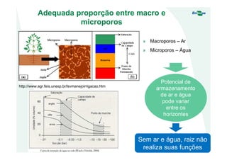 http://www.agr.feis.unesp.br/lsvmanejoirrigacao.htm
» Macroporos – Ar
» Microporos – Água
Potencial de
armazenamento
de ar e água
pode variar
entre os
horizontes
Sem ar e água, raiz não
realiza suas funções
Adequada proporção entre macro e
microporos
 