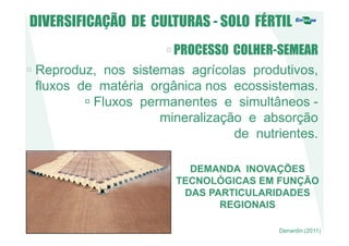 PROCESSO COLHER-SEMEARPROCESSO COLHER-SEMEAR
Reproduz, nos sistemas agrícolas produtivos,
fluxos de matéria orgânica nos ecossistemas.
Fluxos permanentes e simultâneos -
mineralização e absorção
de nutrientes.
DEMANDA INOVAÇÕES
TECNOLÓGICAS EM FUNÇÃO
DAS PARTICULARIDADES
REGIONAIS
DIVERSIFICAÇÃO DE CULTURAS - SOLO FÉRTIL
Denardin (2011)
 
