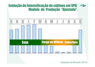 O N D J F M A M J J A S O
SojaSoja Sorgo ou MilhetoSorgo ou Milheto CoberturaCobertura
Evolução de Intensificação de cultivos em SPD
Modelo de Produção “Ajustado”
Adaptado de Denardin (2011)
 