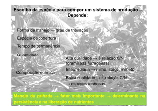 Escolha da espécie para compor um sistema de produção –
Depende:
Forma de manejo → grau de trituração
Espécie de cobertura
Tempo de permanência
Quantidade
Composição química
Alta qualidade → ↓ relação C/N
(gramíneas forrageiras)
Intermediária → milho, sorgo, milheto
Baixa qualidade → ↑ relação C/N
→ espécies lenhosas
Manejo da palhada → fator mais importante → determinante na
persistência e na liberação de nutrientes
 