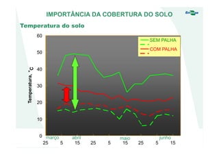 5 15 25 5 15 25 5 15
0
10
20
30
40
50
60
25
Temperatura,o
C
março abril maio junho
SEM PALHA
COM PALHA
IMPORTÂNCIA DA COBERTURA DO SOLO
Temperatura do solo
 