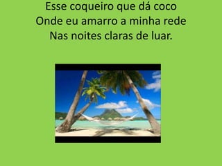 Esse coqueiro que dá coco
Onde eu amarro a minha rede
Nas noites claras de luar.

 