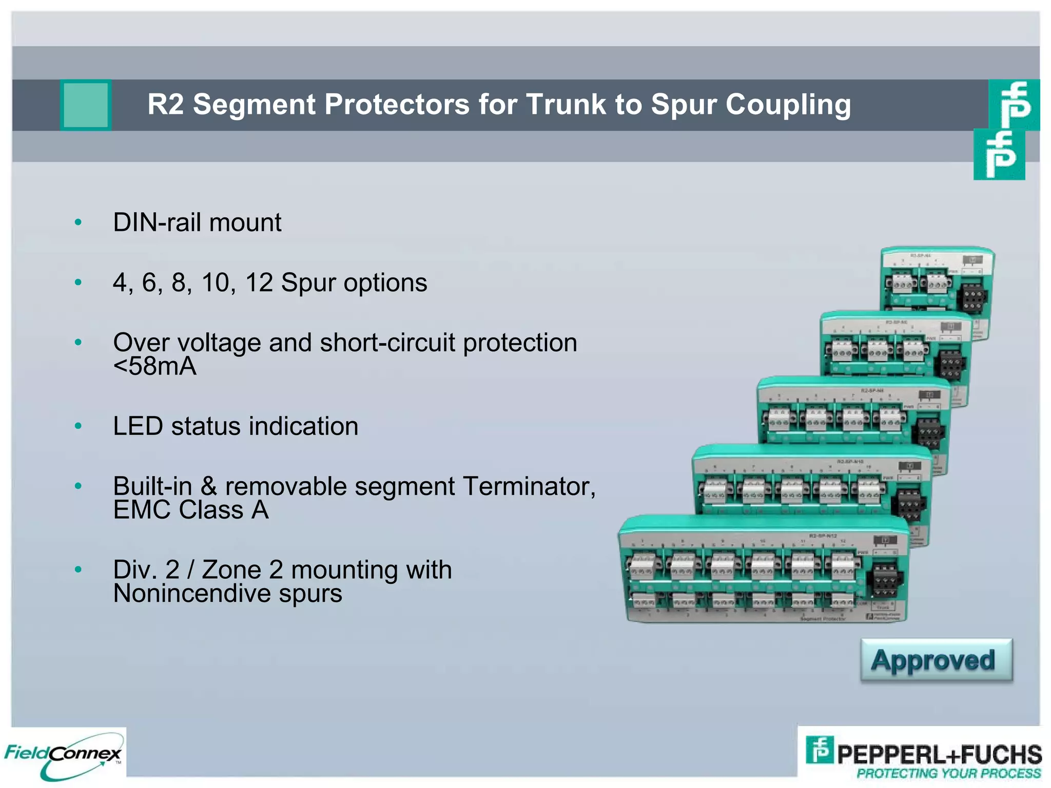 R2 Segment Protectors for Trunk to Spur Coupling DIN-rail mount 4, 6, 8, 10, 12 Spur options Over voltage and short-circuit protection <58mA LED status indication  Built-in & removable segment Terminator, EMC Class A Div. 2 / Zone 2 mounting with Nonincendive spurs 