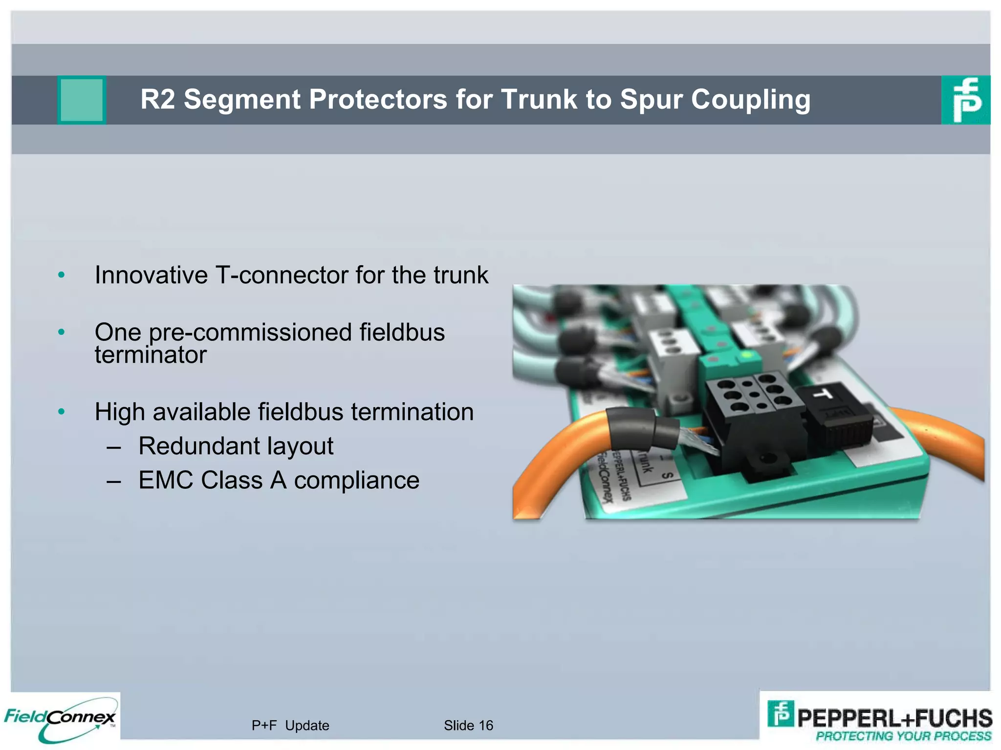 R2 Segment Protectors for Trunk to Spur Coupling Innovative T-connector for the trunk One pre-commissioned fieldbus terminator High available fieldbus termination Redundant layout EMC Class A compliance  P+F  Update Slide  