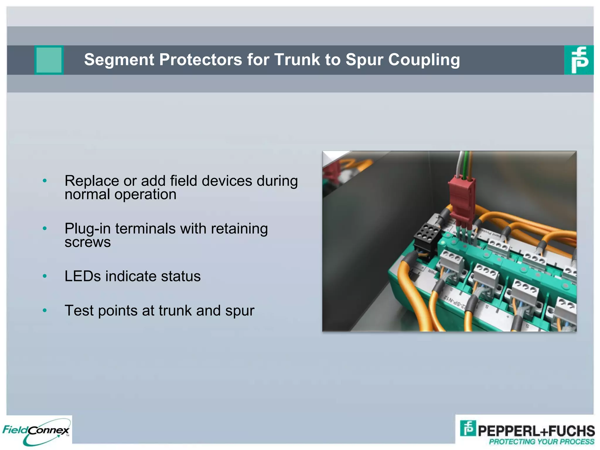 Segment Protectors for Trunk to Spur Coupling Replace or add field devices during normal operation Plug-in terminals with retaining screws LEDs indicate status Test points at trunk and spur 