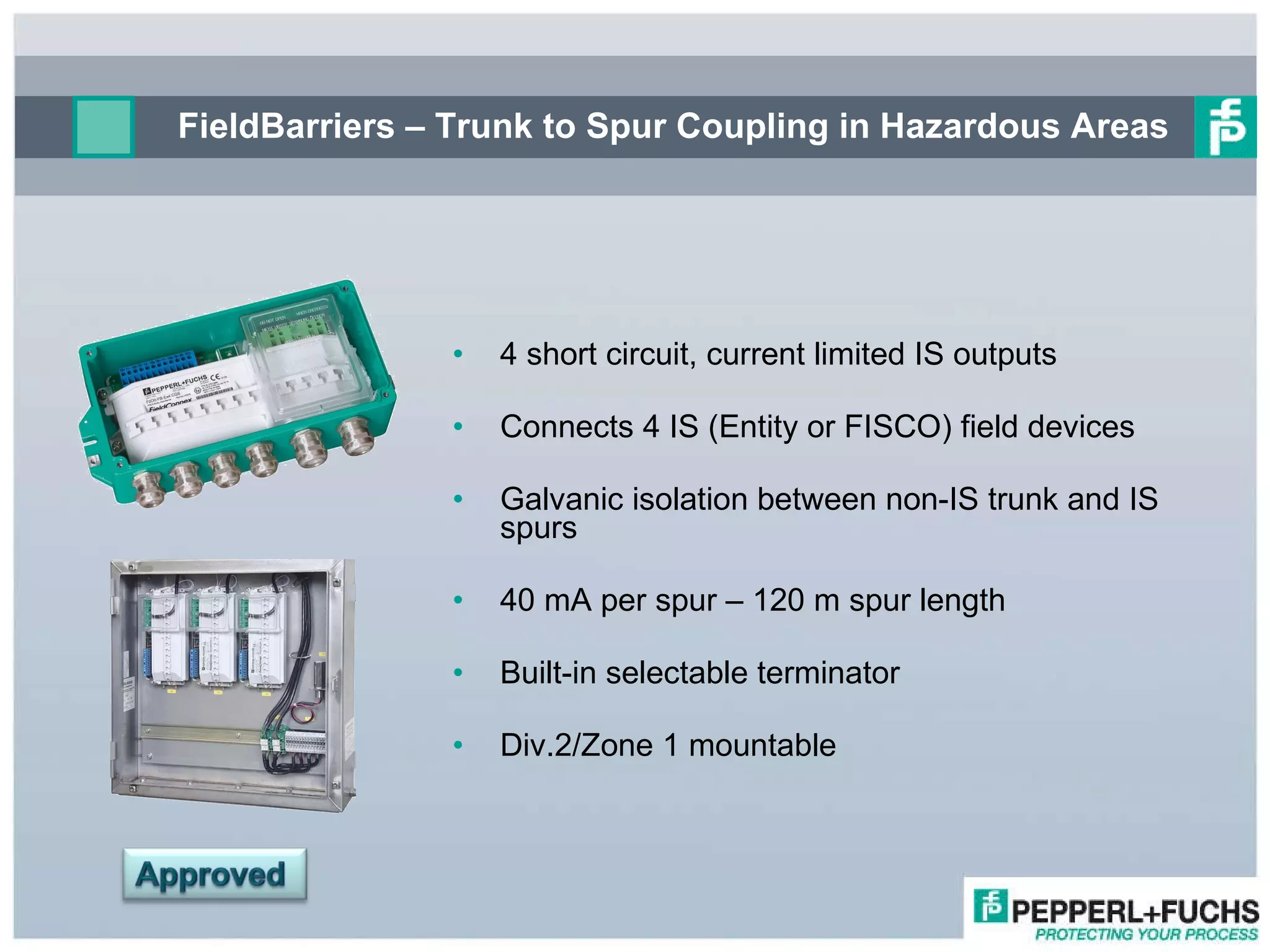 FieldBarriers – Trunk to Spur Coupling in Hazardous Areas 4 short circuit, current limited IS outputs Connects 4 IS (Entity or FISCO) field devices Galvanic isolation between non-IS trunk and IS spurs 40 mA per spur – 120 m spur length Built-in selectable terminator Div.2/Zone 1 mountable 