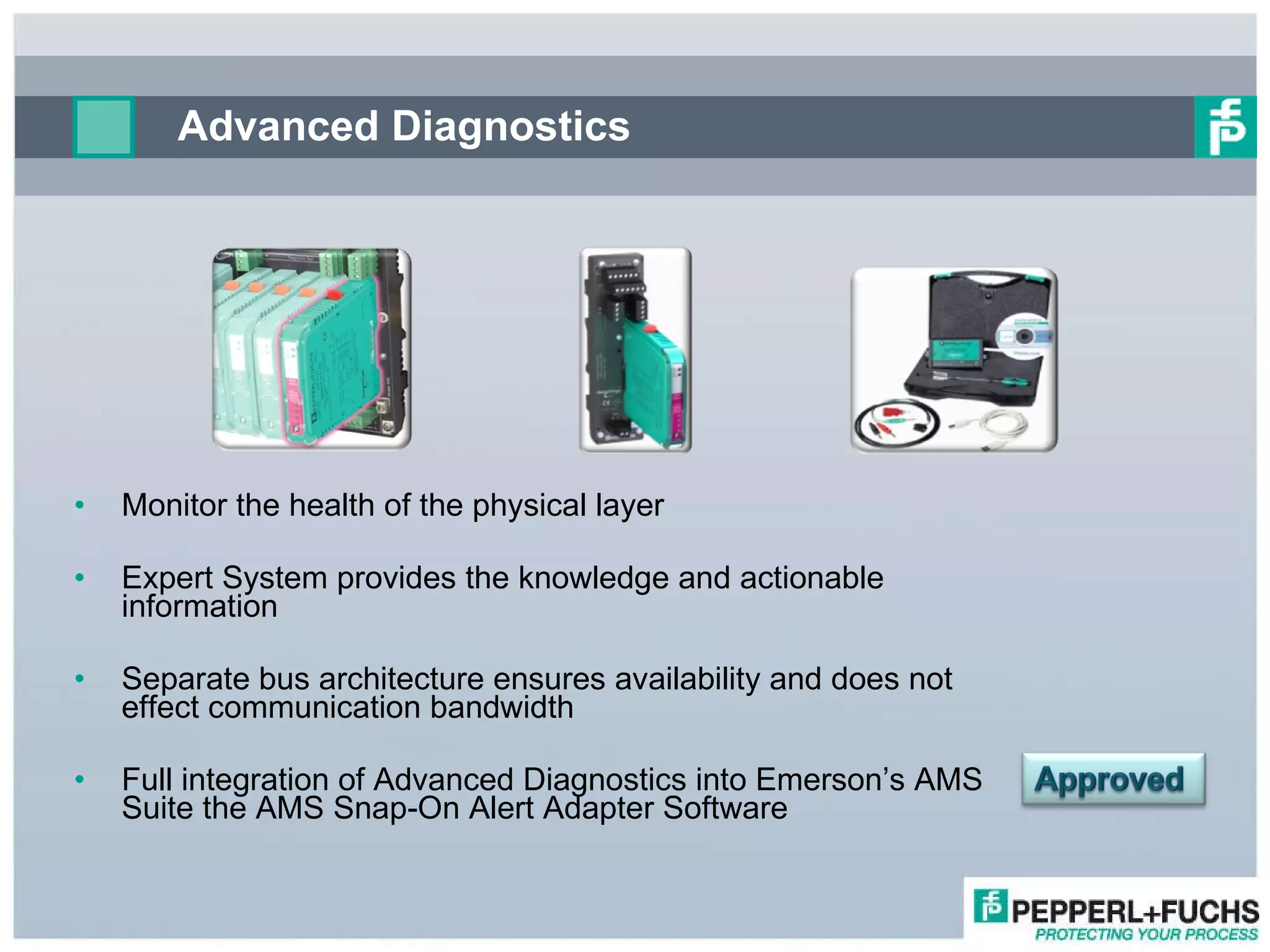 Monitor the health of the physical layer  Expert System provides the knowledge and actionable information Separate bus architecture ensures availability and does not effect communication bandwidth Full integration of Advanced Diagnostics into Emerson’s AMS Suite the AMS Snap-On Alert Adapter Software  Advanced Diagnostics 