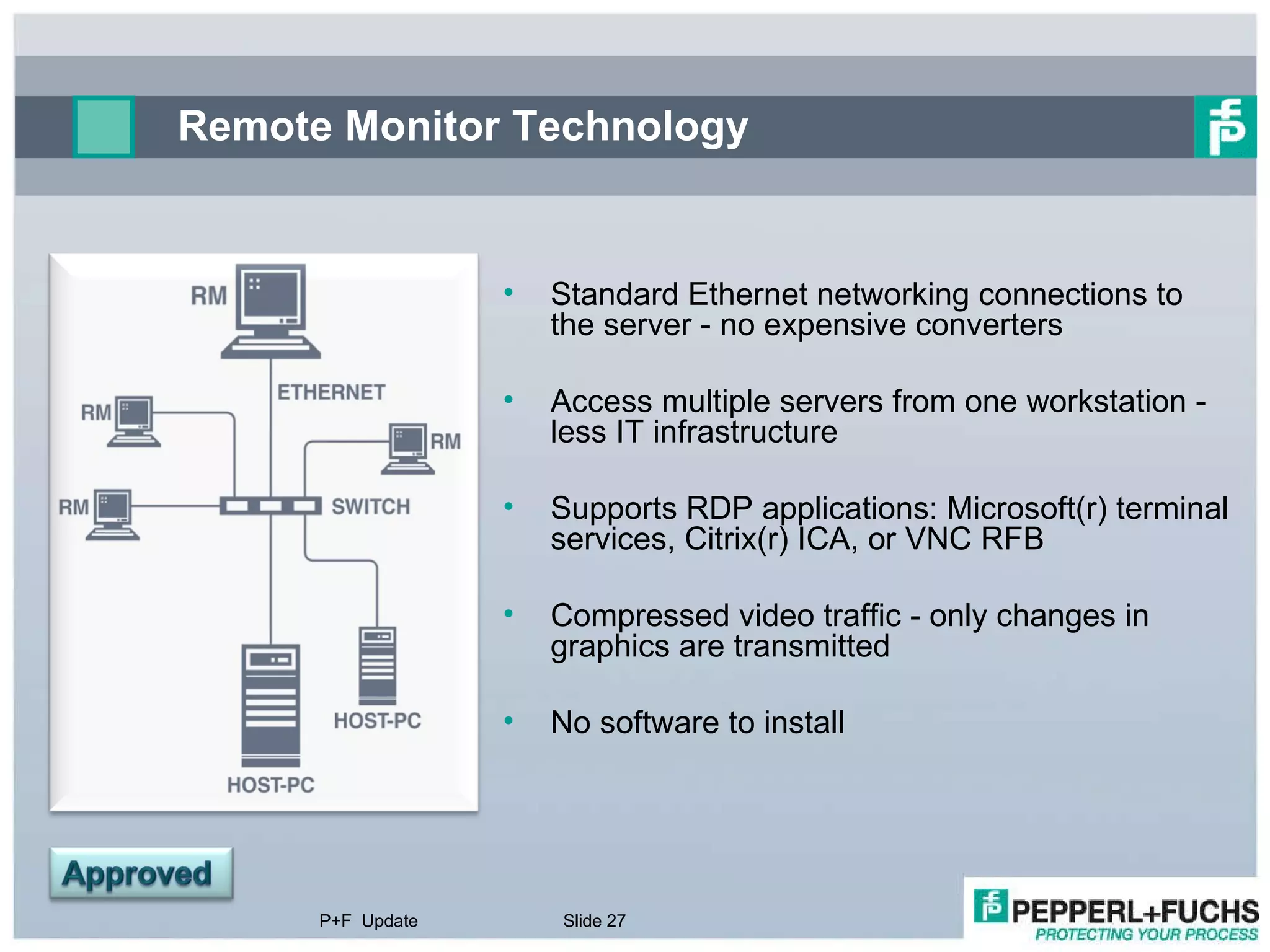Remote Monitor Technology P+F  Update Slide  Standard Ethernet networking connections to the server - no expensive converters Access multiple servers from one workstation - less IT infrastructure Supports RDP applications: Microsoft(r) terminal services, Citrix(r) ICA, or VNC RFB Compressed video traffic - only changes in graphics are transmitted No software to install 